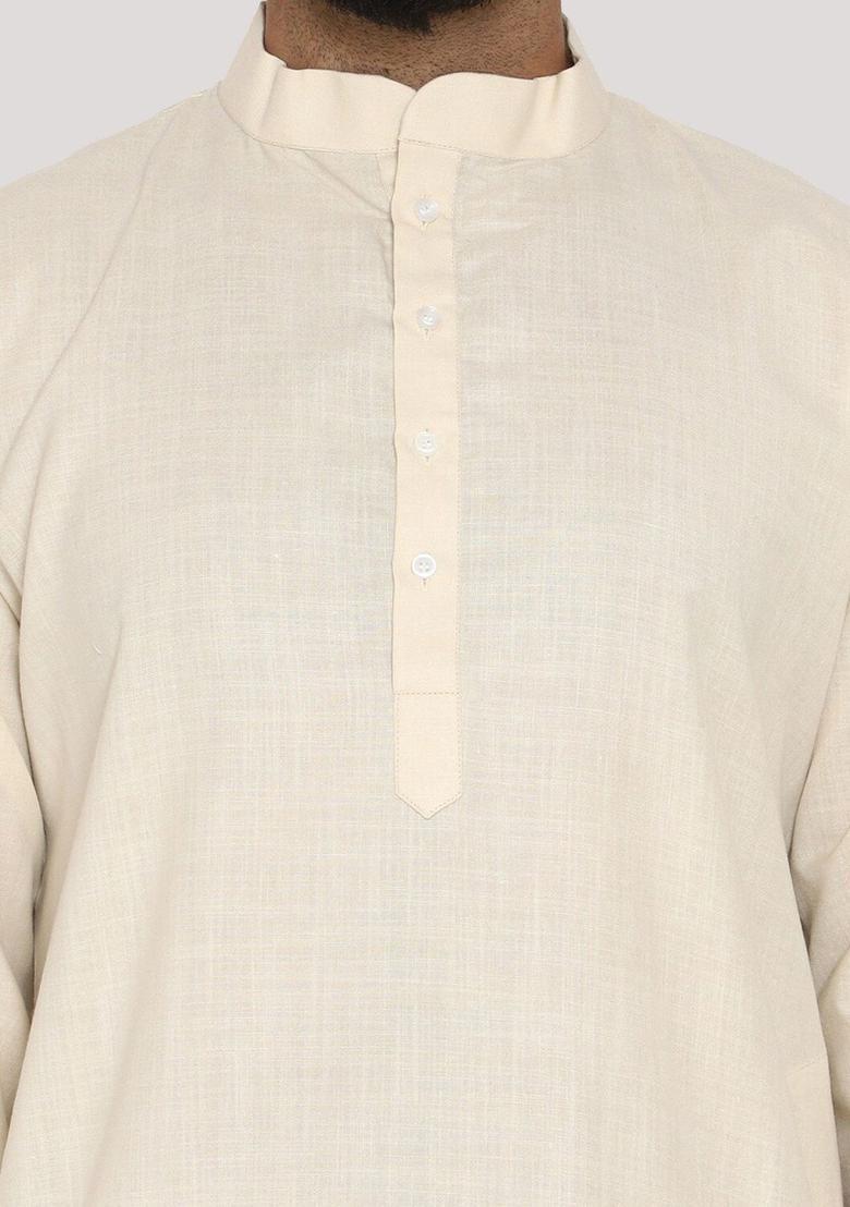 Cream Solid Cotton Kurta Set For Men - Indya