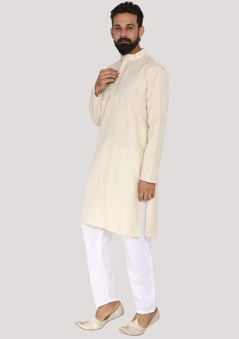 Cream Solid Cotton Kurta Set For Men - Indya