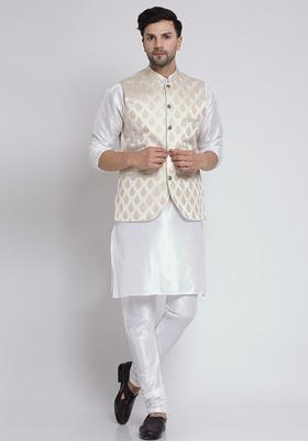 Beige Solid Silk Kurta Set For Men
