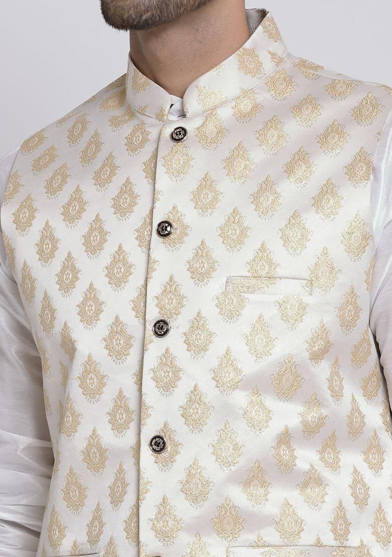 Beige Solid Silk Kurta Set For Men - Indya