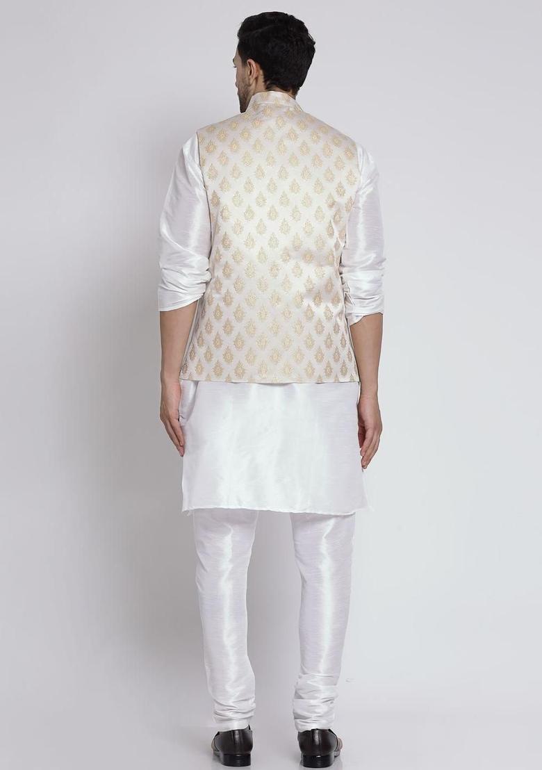 Beige Solid Silk Kurta Set For Men - Indya