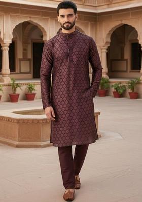 Maroon Printed Silk Kurta Set For Men