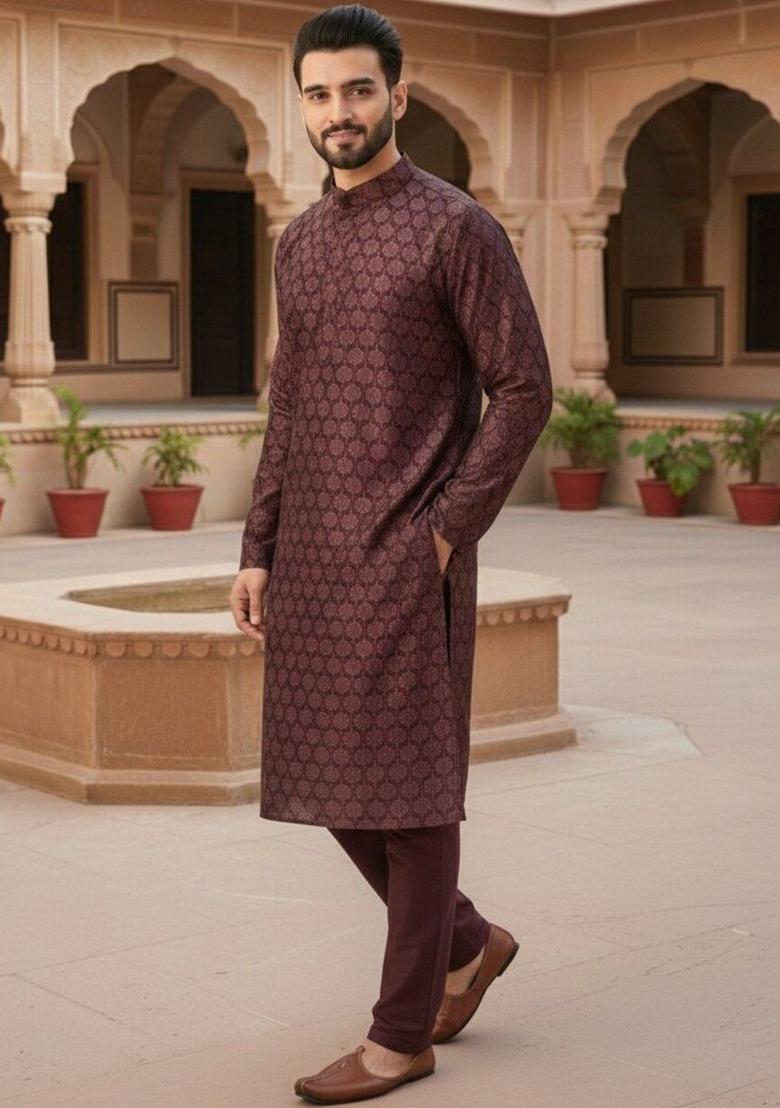 Maroon Printed Silk Kurta Set For Men - Indya
