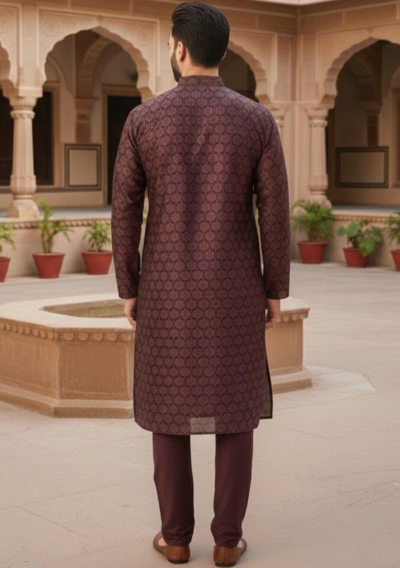 Maroon Printed Silk Kurta Set For Men - Indya