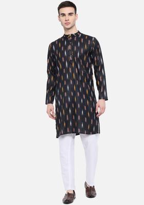 Black Woven Design Cotton Kurta Set For Men