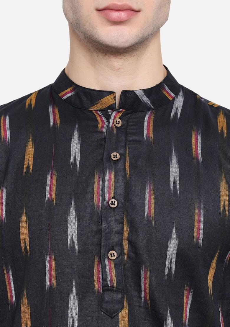 Black Woven Design Cotton Kurta Set For Men - Indya