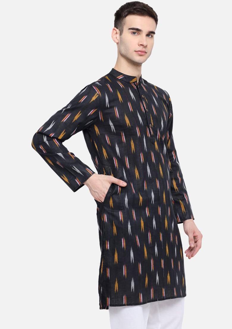 Black Woven Design Cotton Kurta Set For Men - Indya