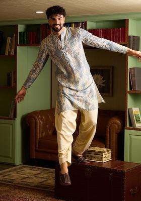 Multi Printed Silk Kurta Set For Men