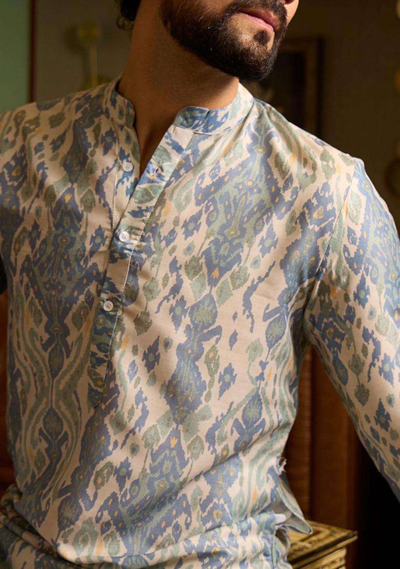 Multi Printed Silk Kurta Set For Men - Indya