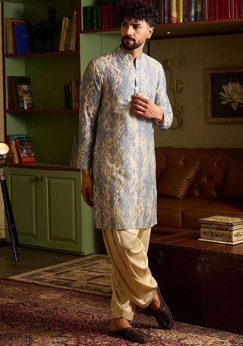Multi Printed Silk Kurta Set For Men - Indya