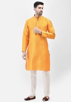 Yellow Self Design Cotton Kurta Set For Men