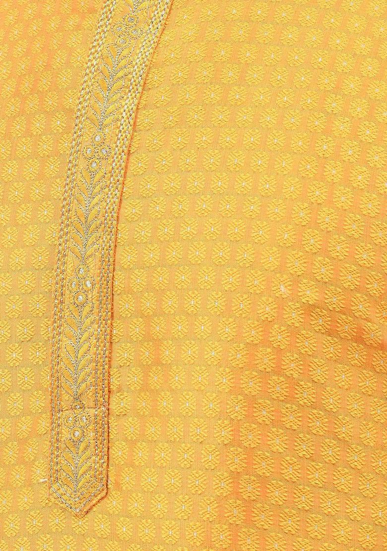 Yellow Self Design Cotton Kurta Set For Men - Indya
