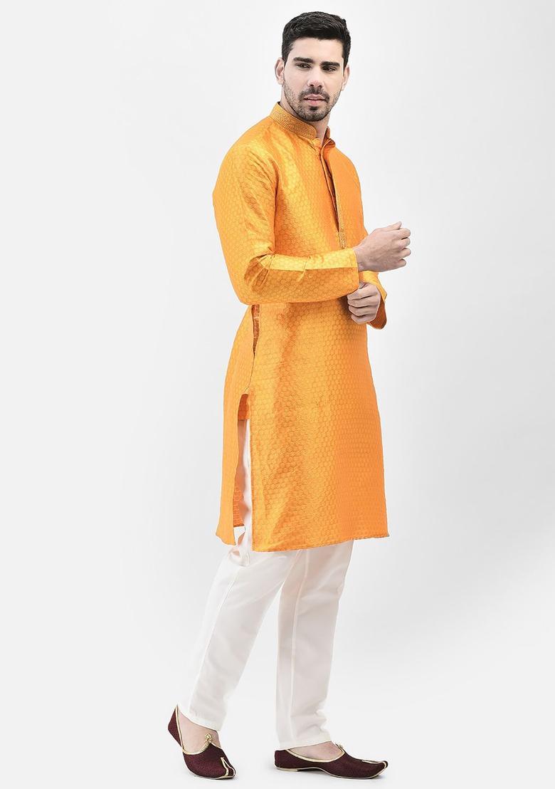 Yellow Self Design Cotton Kurta Set For Men - Indya