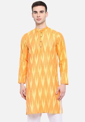 Orange Woven Design Cotton Kurta Set For Men