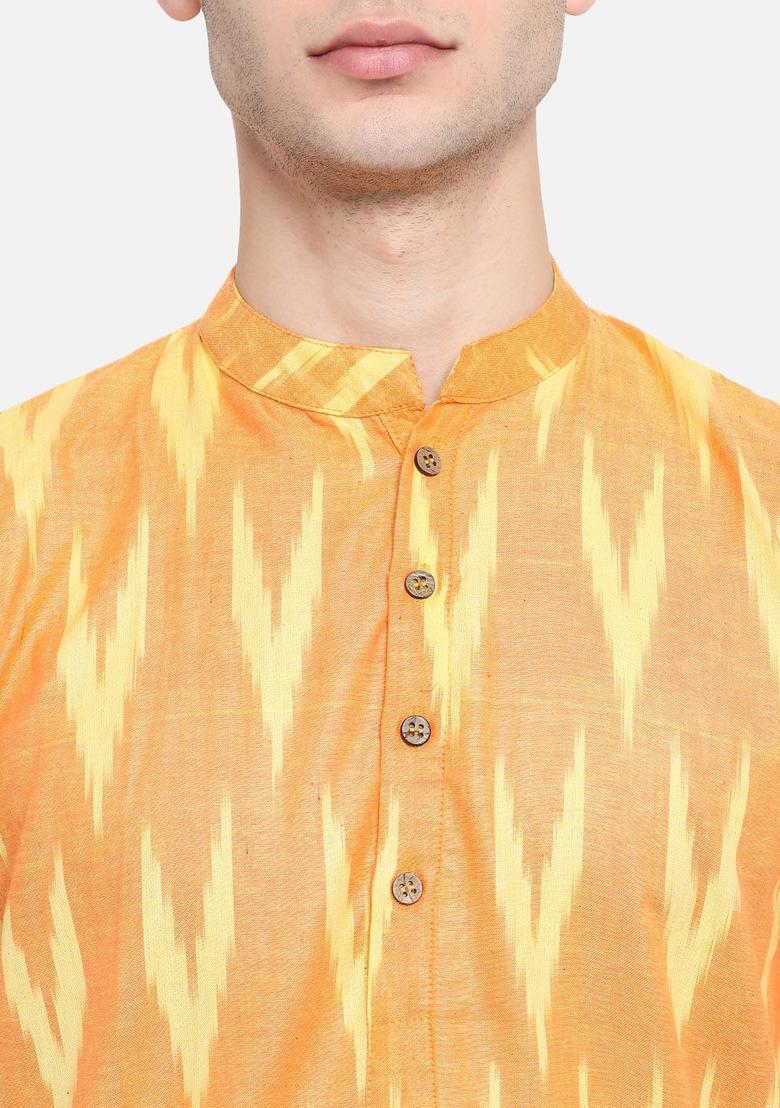 Orange Woven Design Cotton Kurta Set For Men - Indya