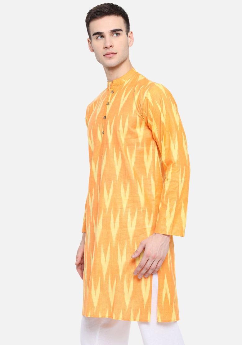 Orange Woven Design Cotton Kurta Set For Men - Indya