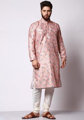 Pink Printed Silk Kurta Set For Men