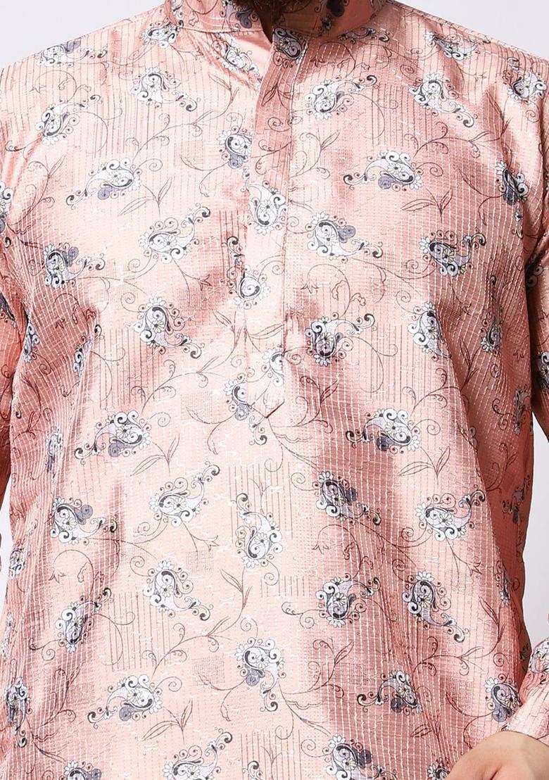 Pink Printed Silk Kurta Set For Men - Indya
