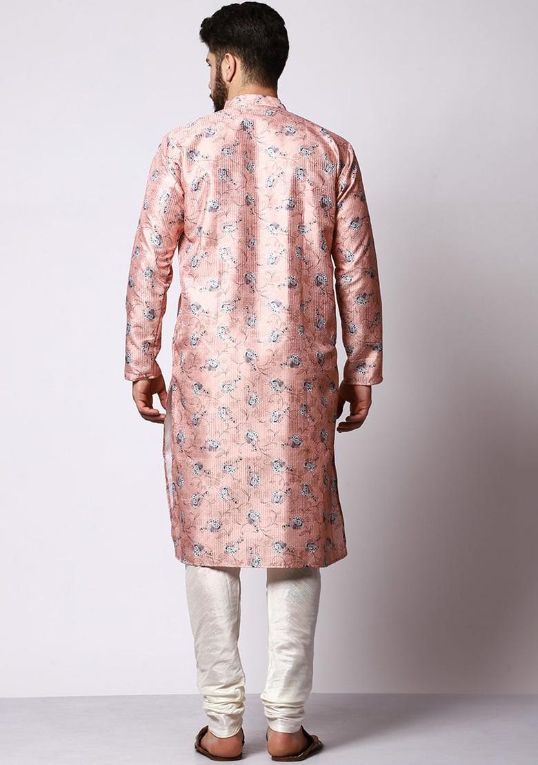 Pink Printed Silk Kurta Set For Men - Indya