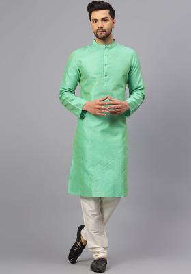 Green Woven Design Silk Kurta Set For Men