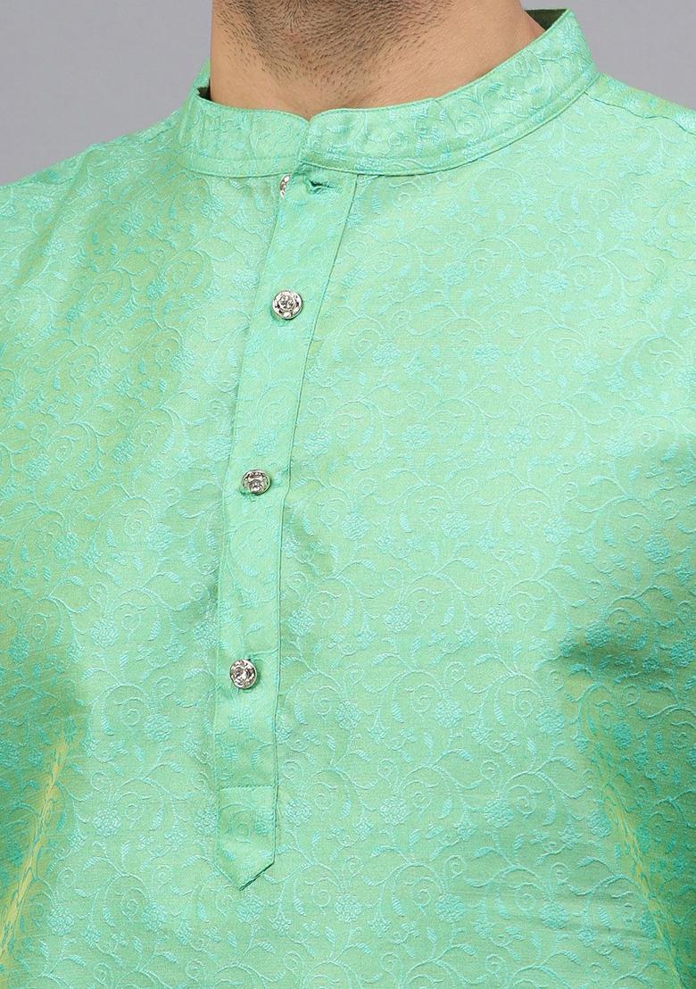 Green Woven Design Silk Kurta Set For Men - Indya
