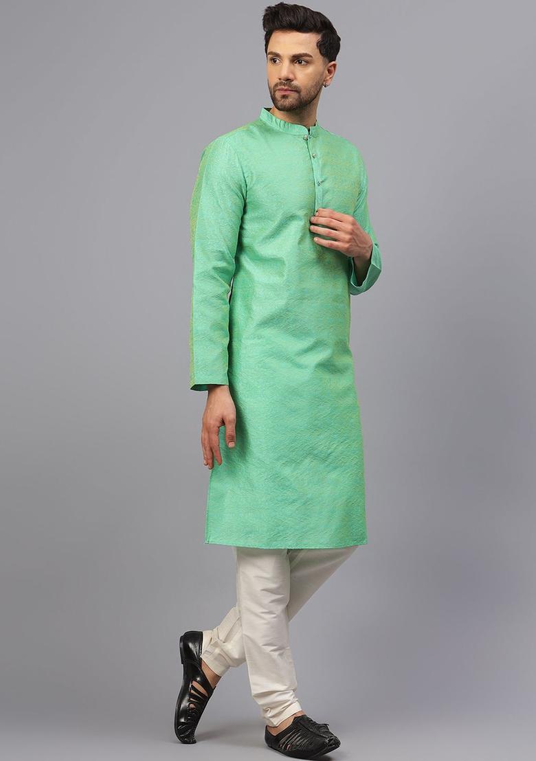 Green Woven Design Silk Kurta Set For Men - Indya