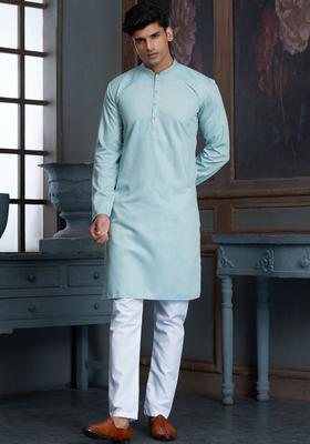 Blue Woven Design Cotton Kurta Set For Men