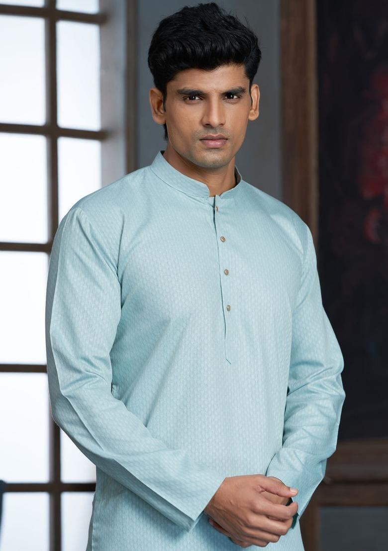 Blue Woven Design Cotton Kurta Set For Men - Indya