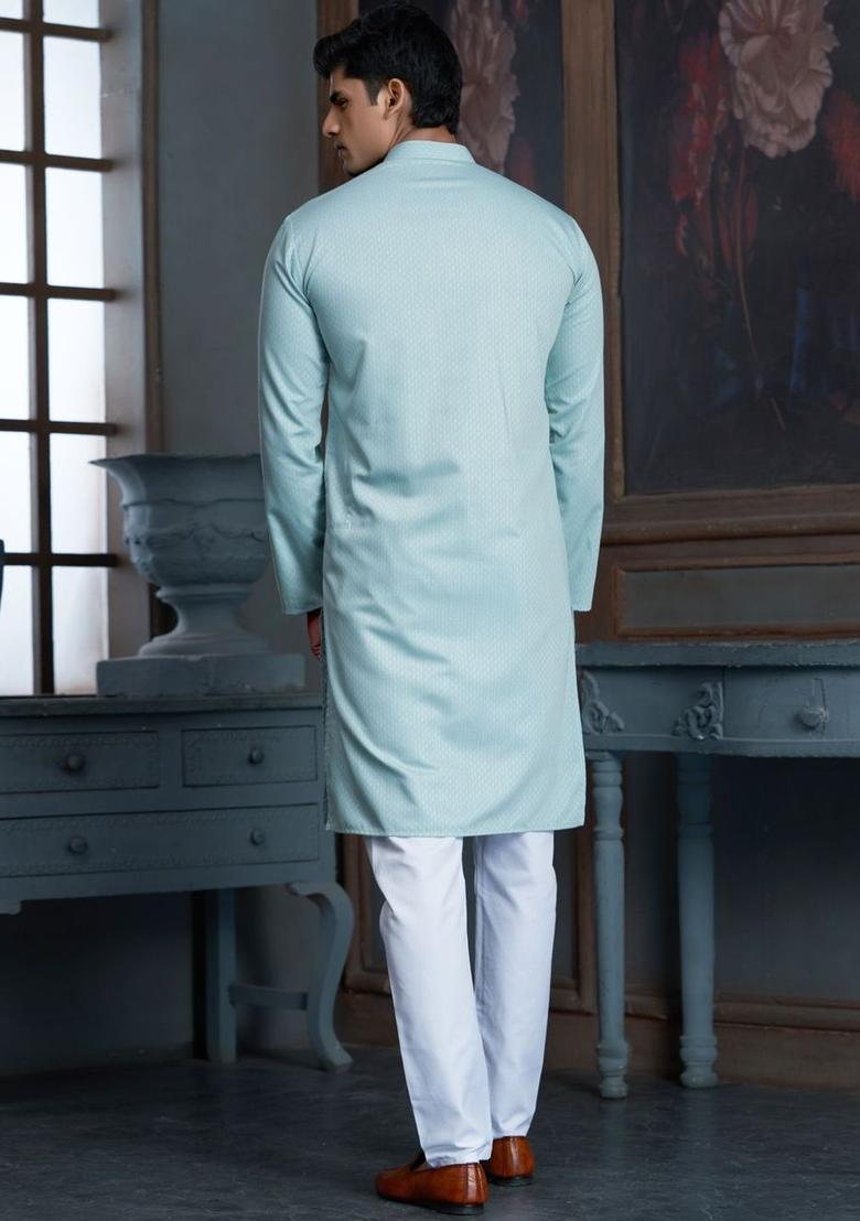 Blue Woven Design Cotton Kurta Set For Men - Indya