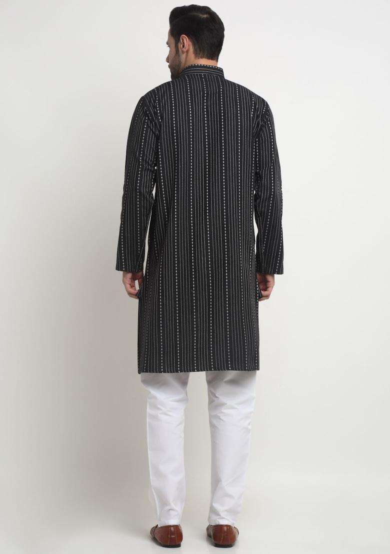 Black Striped Cotton Kurta Set For Men - Indya