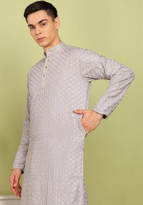 Grey Embroidered Cotton Kurta Set For Men