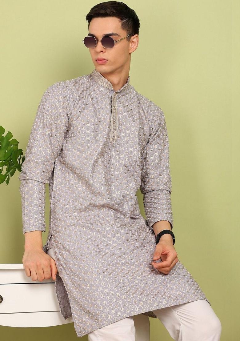 Grey Embroidered Cotton Kurta Set For Men - Indya