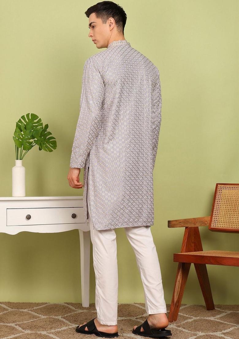 Grey Embroidered Cotton Kurta Set For Men - Indya