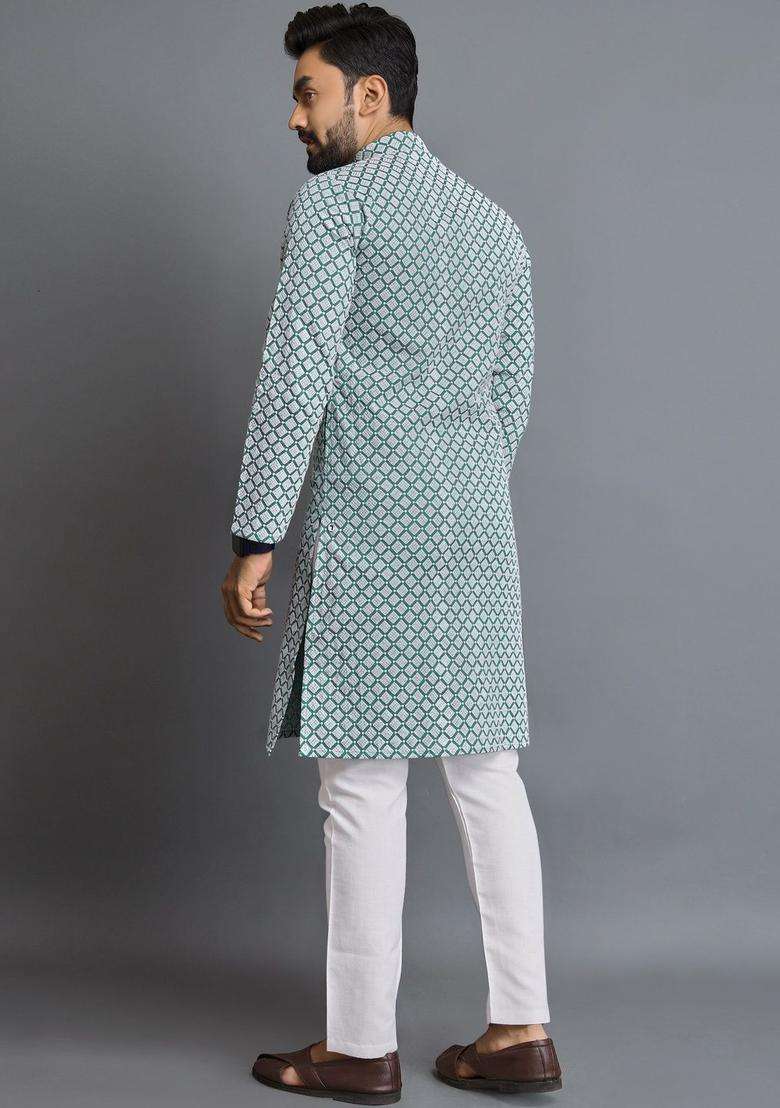 Multi Printed Silk Kurta Set For Men - Indya