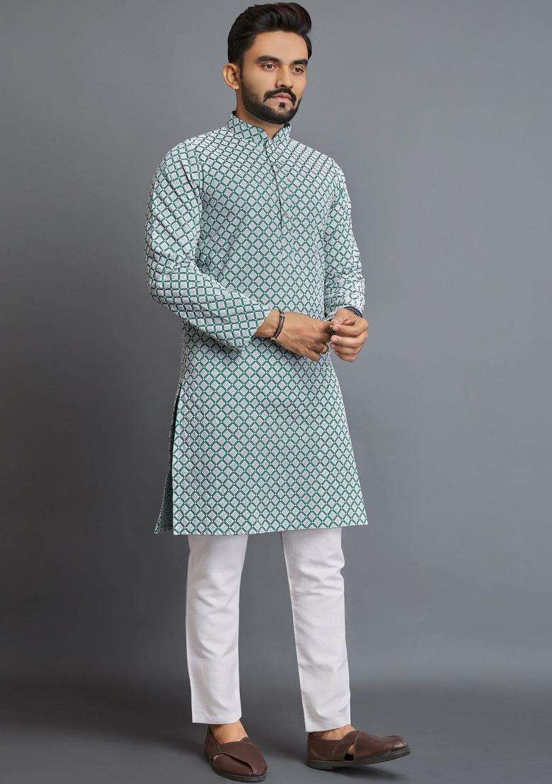 Multi Printed Silk Blend Kurta Set For Men - Indya