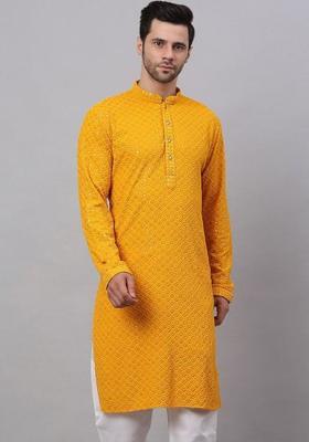 Yellow Embroidered Polyester Kurta Set For Men