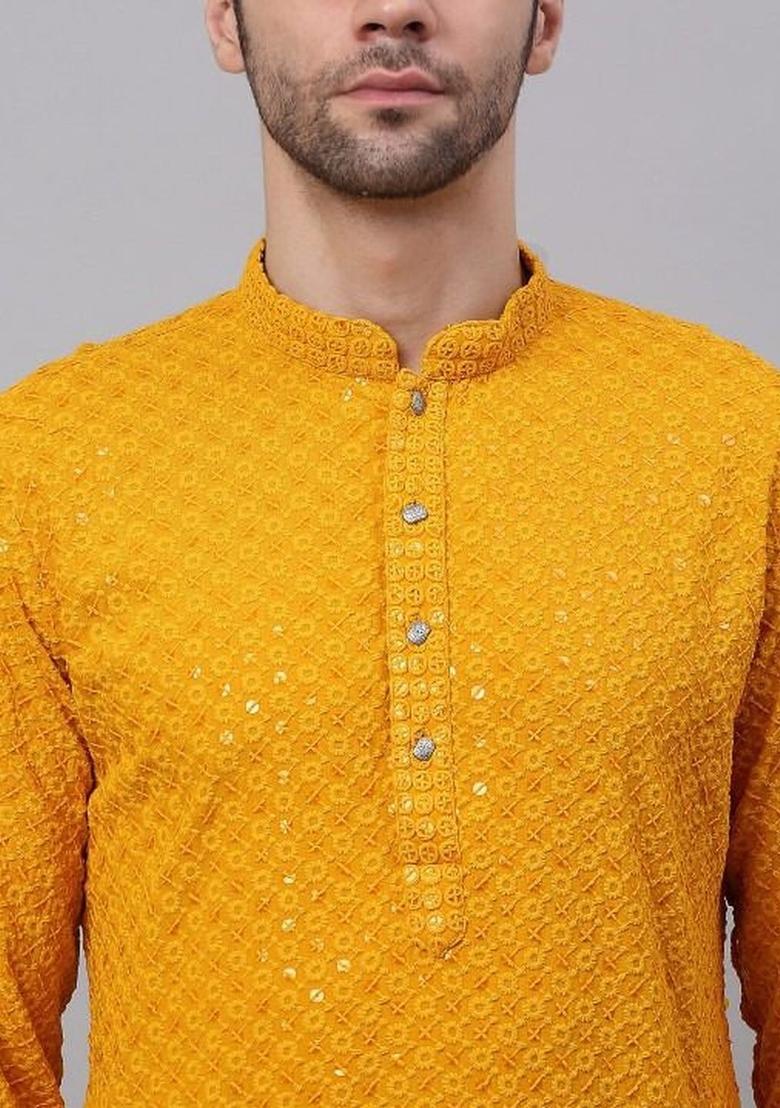 Yellow Embroidered Polyester Kurta Set For Men - Indya