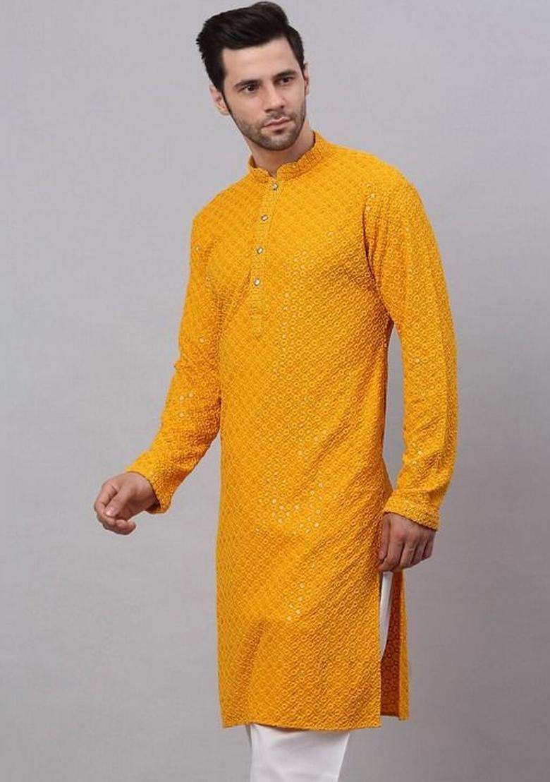 Yellow Embroidered Polyester Kurta Set For Men - Indya