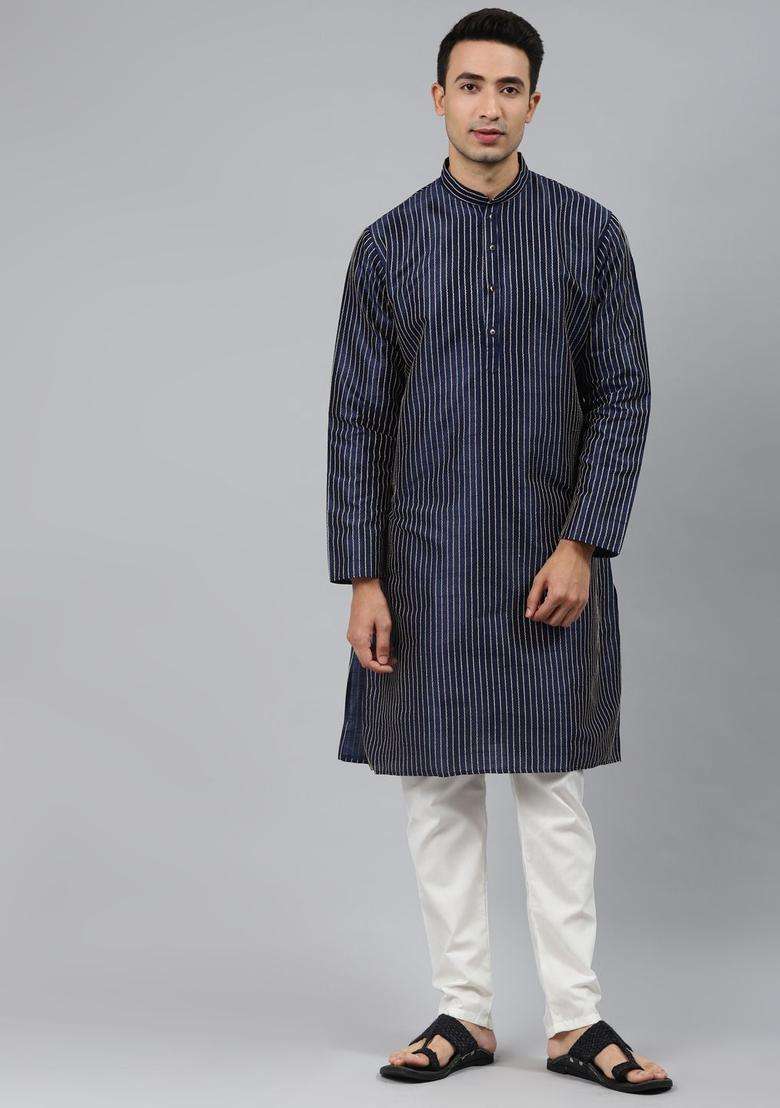 Blue Striped Silk Kurta Set For Men - Indya