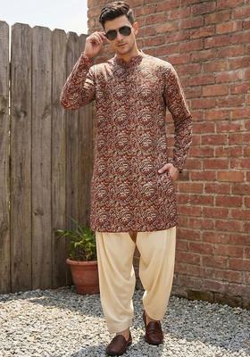 Brown Printed Cotton Kurta Set For Men