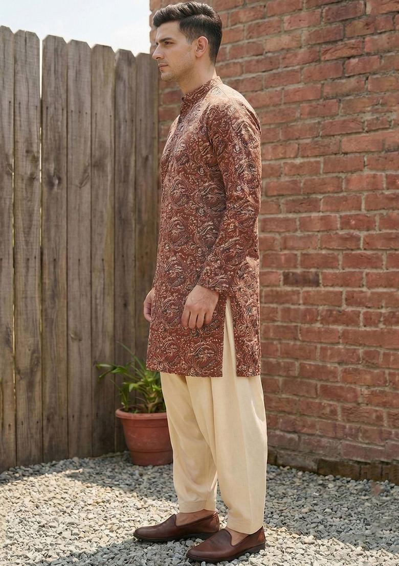 Brown Printed Cotton Kurta Set For Men - Indya