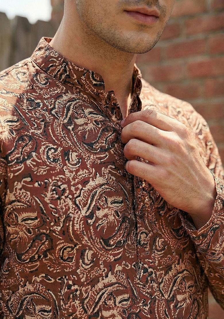 Brown Printed Cotton Kurta Set For Men - Indya