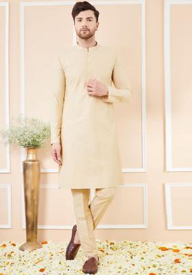 Cream Solid Cotton Kurta Set For Men