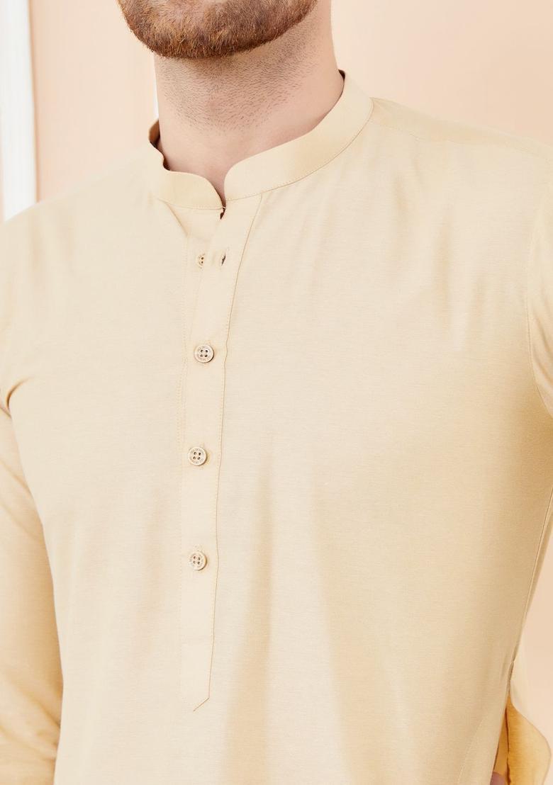Cream Solid Cotton Kurta Set For Men - Indya