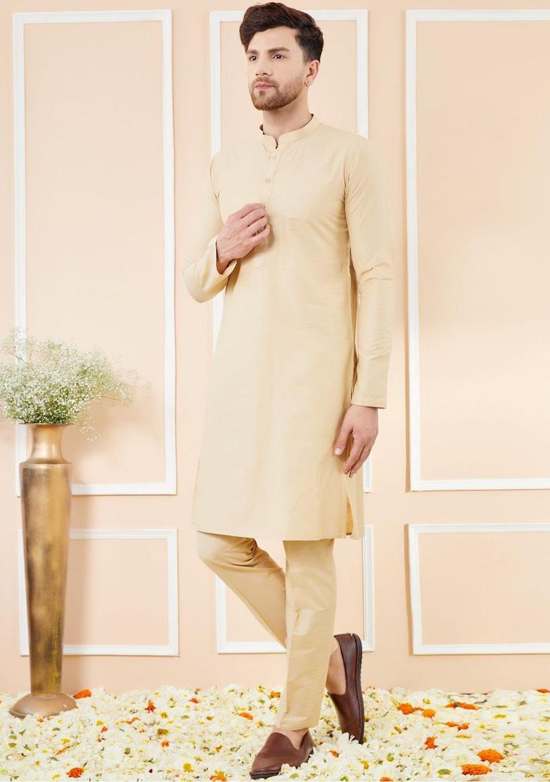Cream Solid Cotton Kurta Set For Men - Indya
