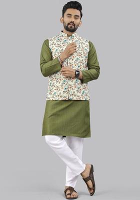Lime Green Striped Cotton Kurta Set For Men