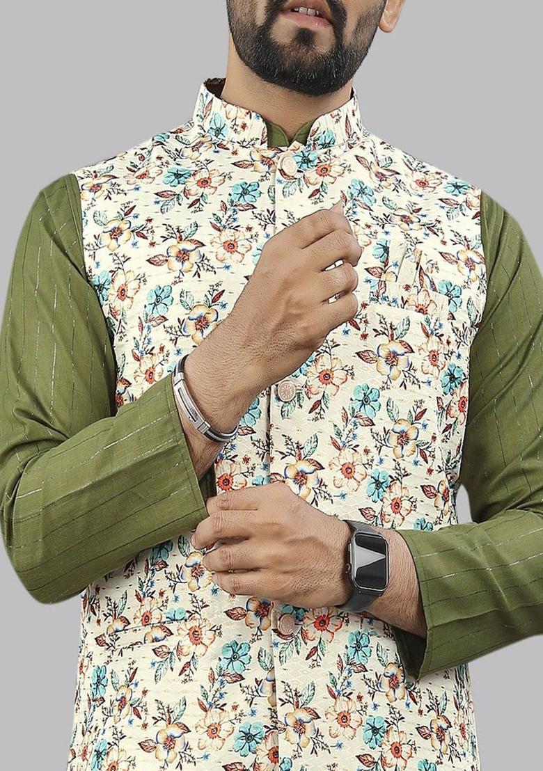 Lime Green Striped Cotton Kurta Set For Men - Indya