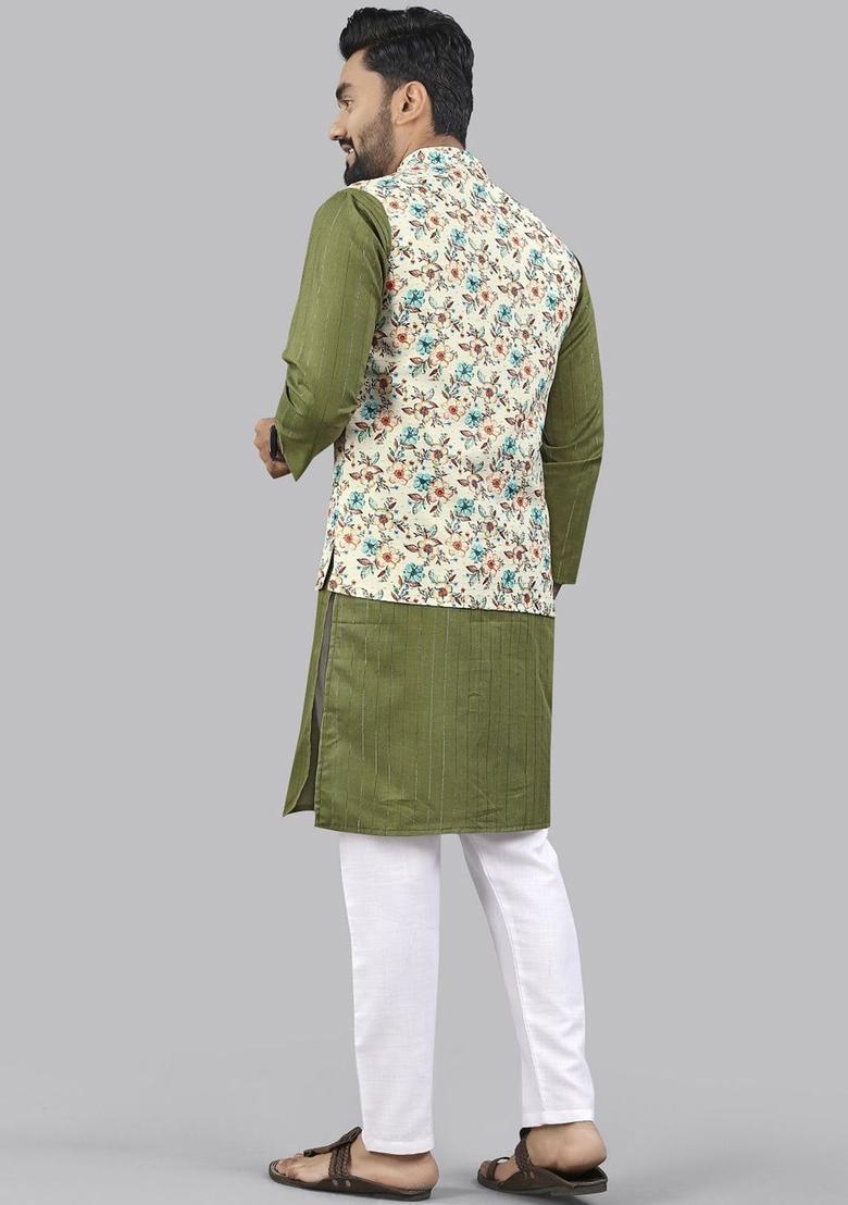 Lime Green Striped Cotton Kurta Set For Men - Indya