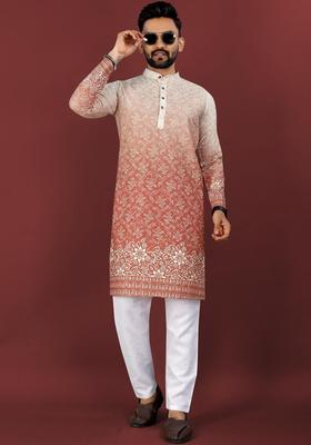 Red Printed Viscose Kurta Set For Men