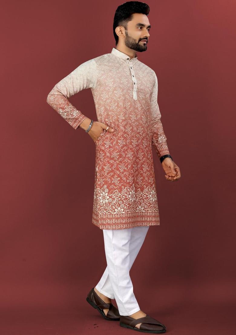 Red Printed Viscose Kurta Set For Men - Indya